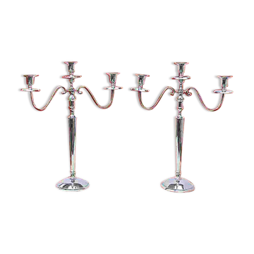 Pair of vintage three-armed chrome metal candlesticks