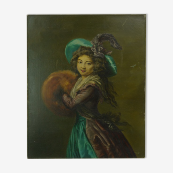 My. allard school of the late nineteenth century, young girl with blue hat, oil on canvas. signed