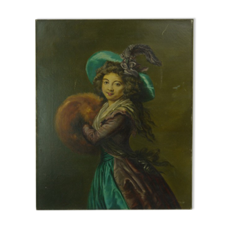 Ma. allard école de la fin du xixe siècle, jeune fille au chapeau bleu, huile sur toile. signée