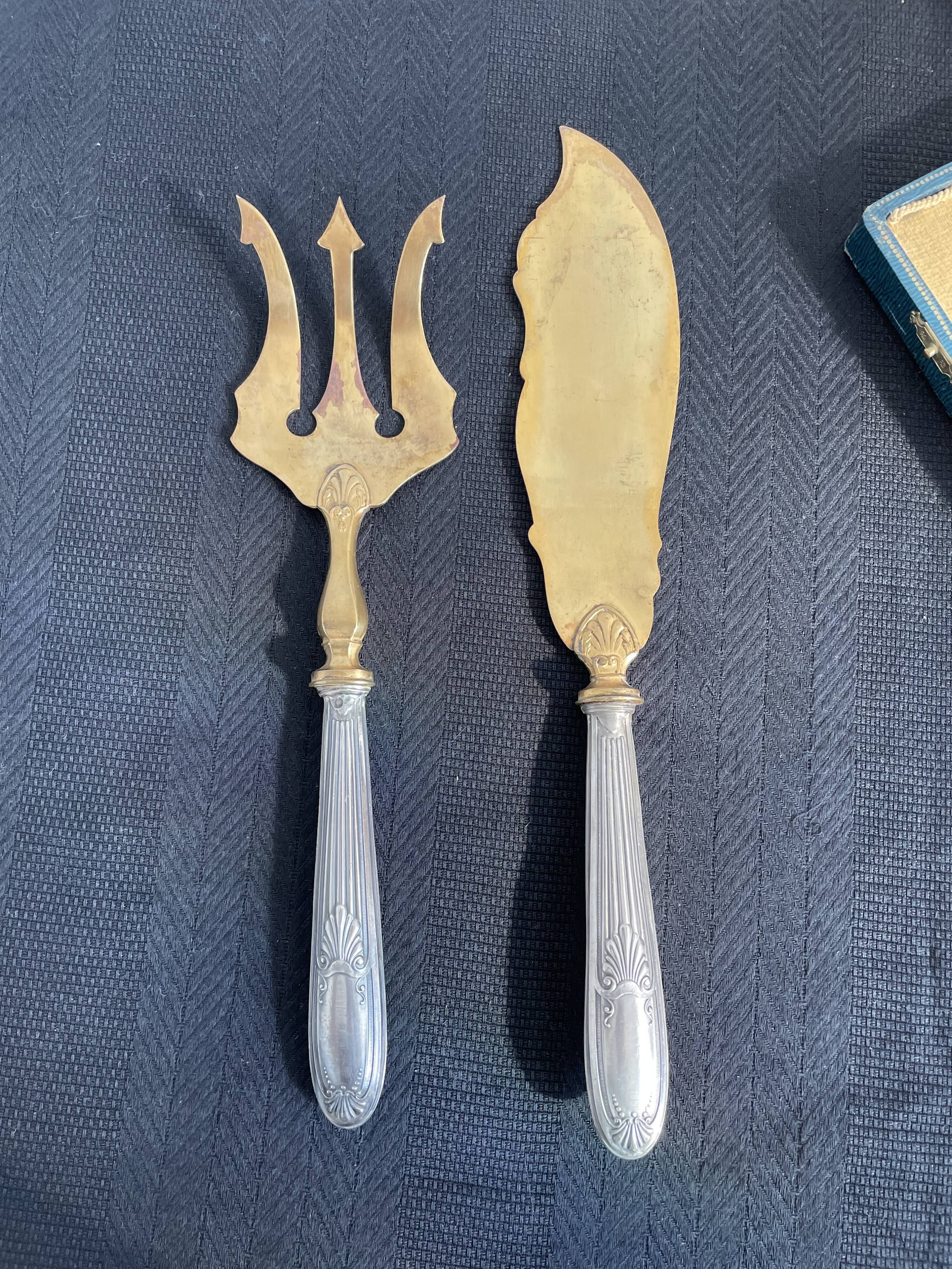 Antique, fish service cover, stuffed silver, gilded metal, France