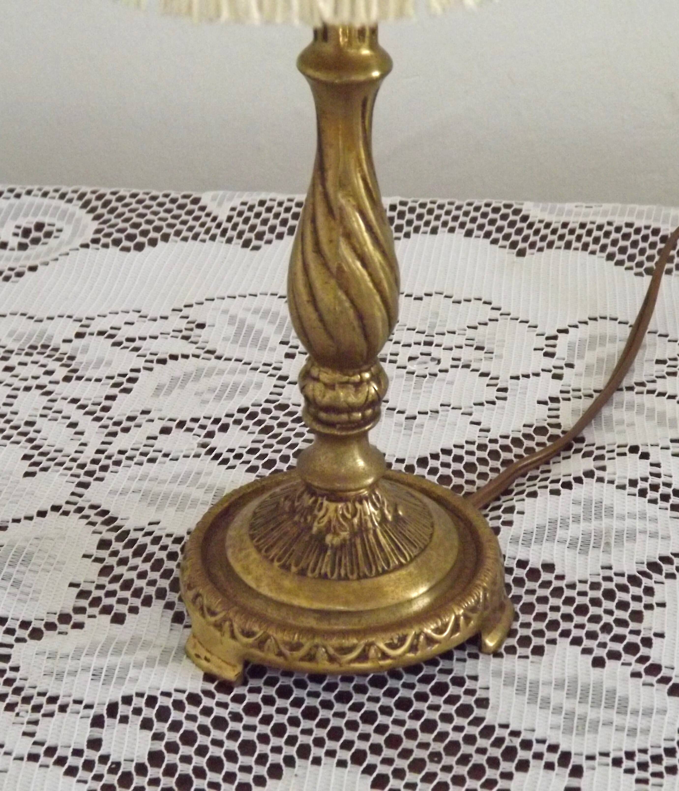 French Vintage Brass Table Lamp With Cream Fringed Shade 5567