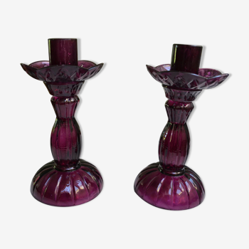 Pair of purple glass candlesticks