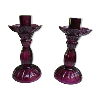 Pair of purple glass candlesticks