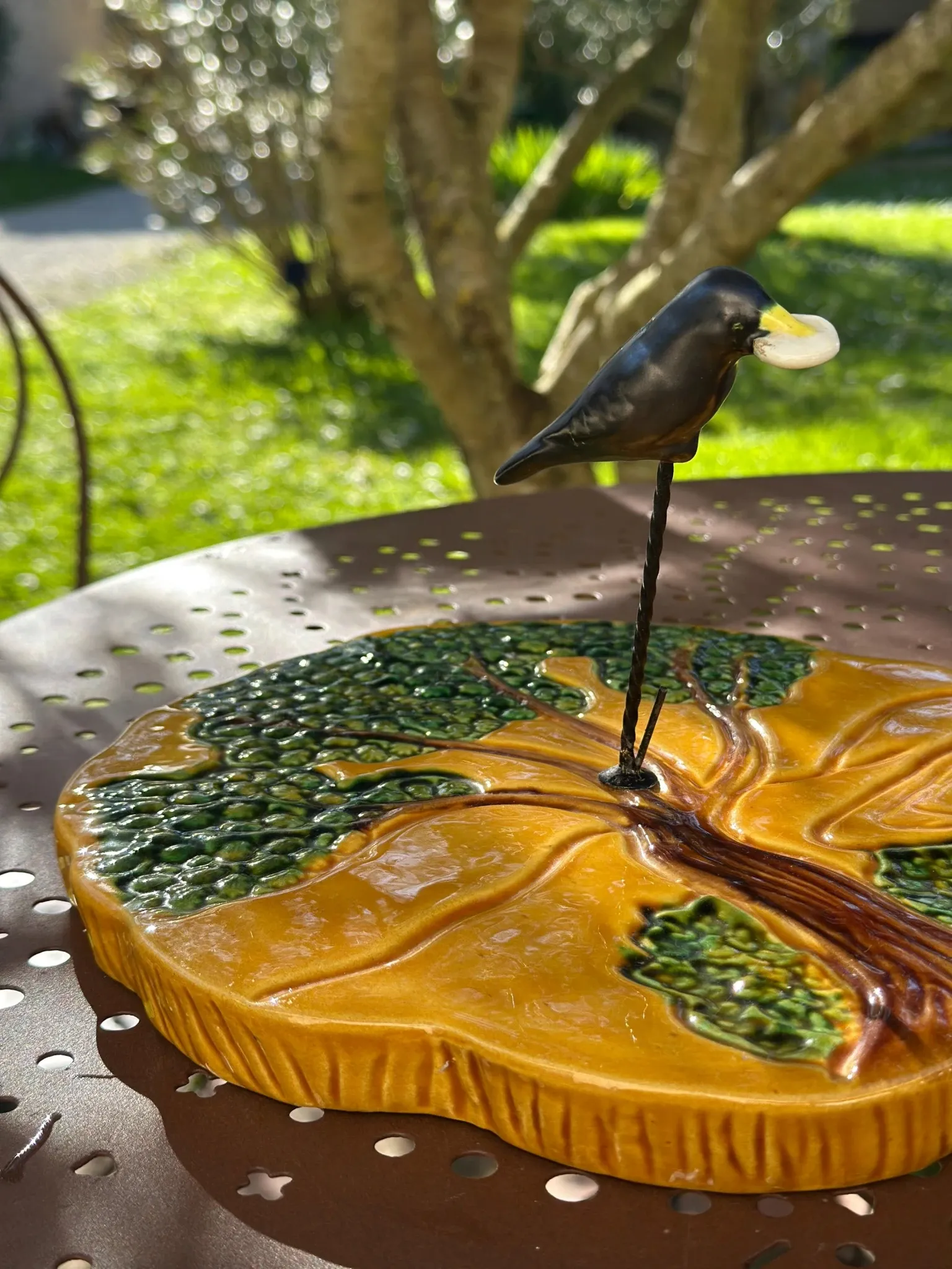 Ceramic cheese platter Vallauris, crow and tree, years