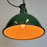 Industrial green enamel factory lamp with cast iron top, 1960s