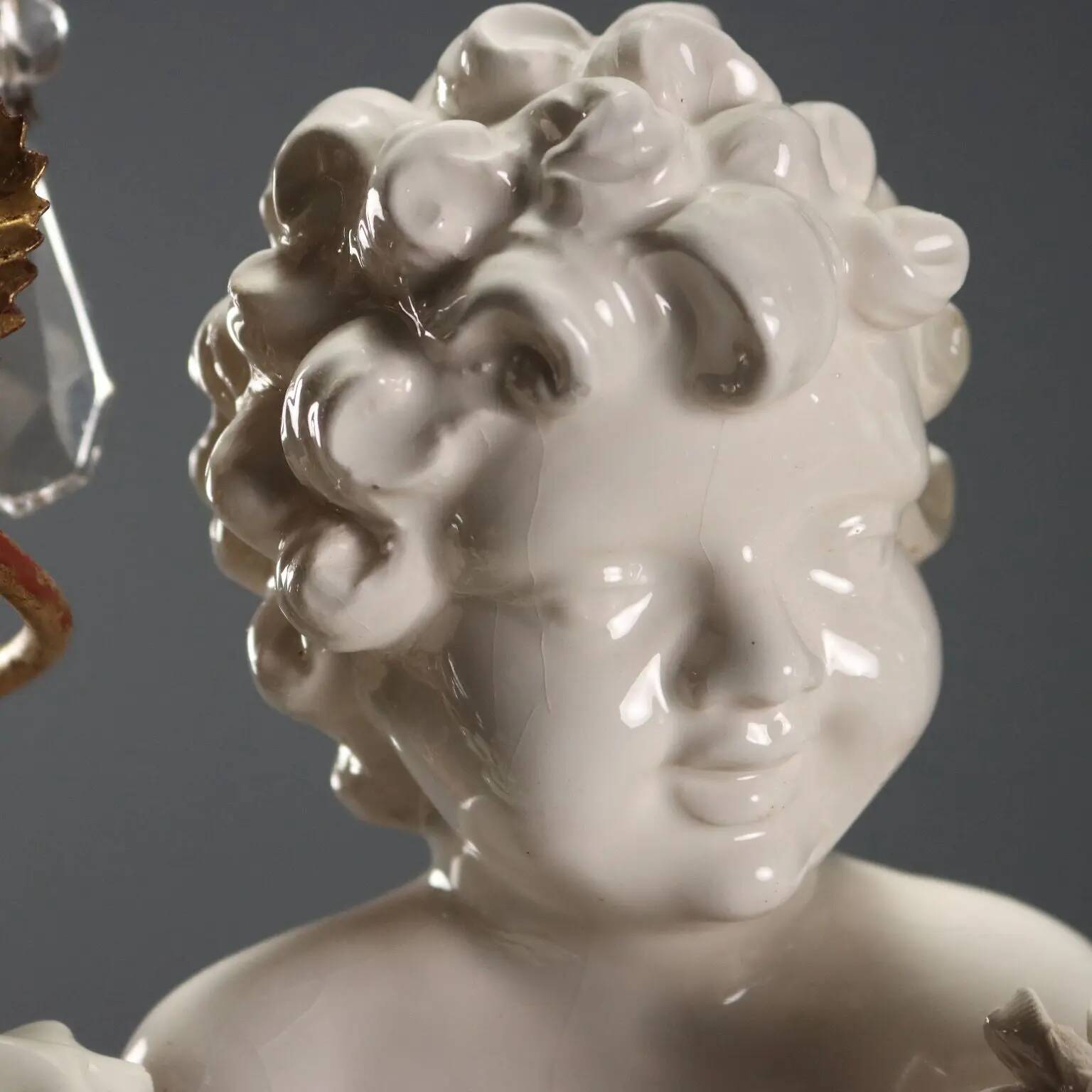 Antique chandelier in iron, gilded sheet metal and ceramic, Italy, 20th century