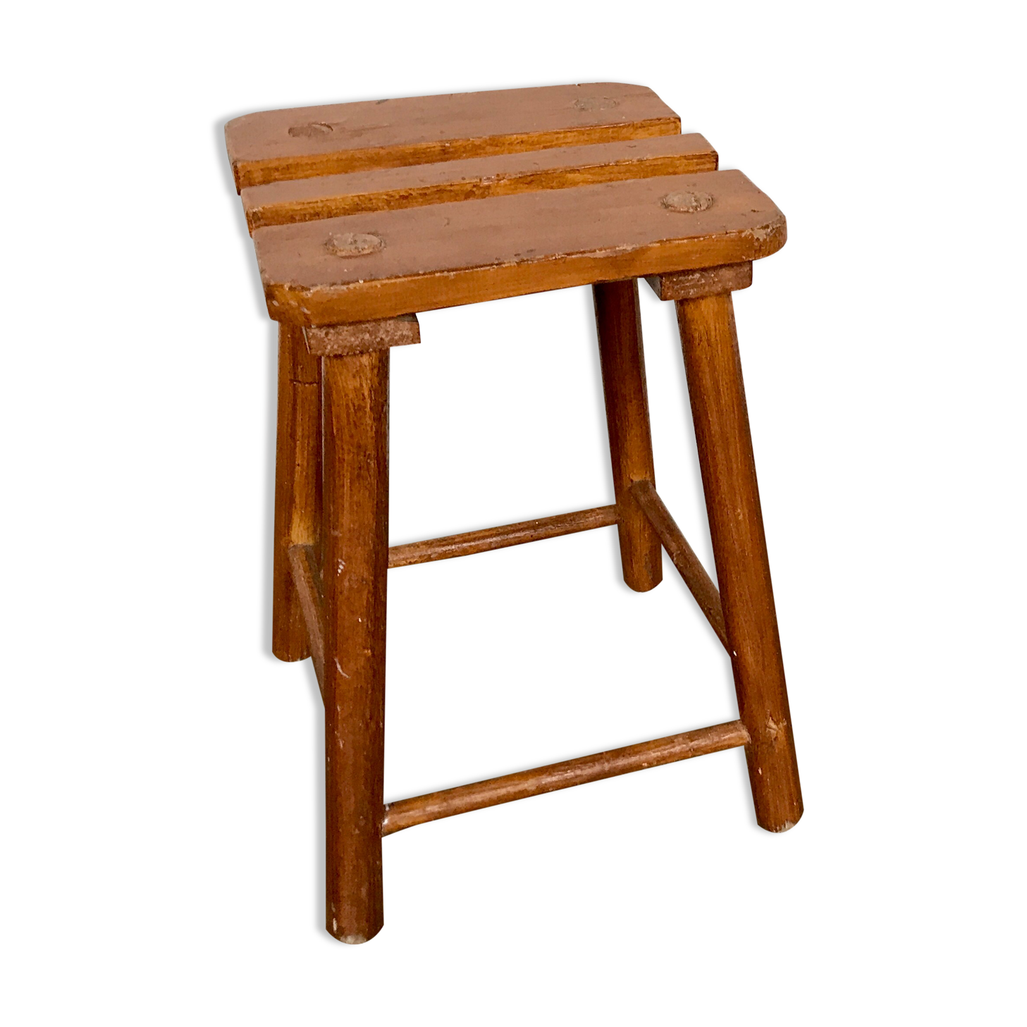 Tabouret primitif brutaliste porte plante tripode bout de canapé bois massif 1950 Décoration meuble