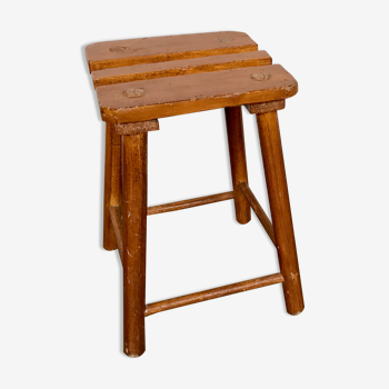 Tabouret primitif brutaliste porte plante tripode bout de canapé bois massif 1950 Décoration meuble