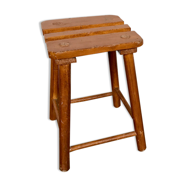 Tabouret primitif brutaliste porte plante tripode bout de canapé bois massif 1950 Décoration meuble