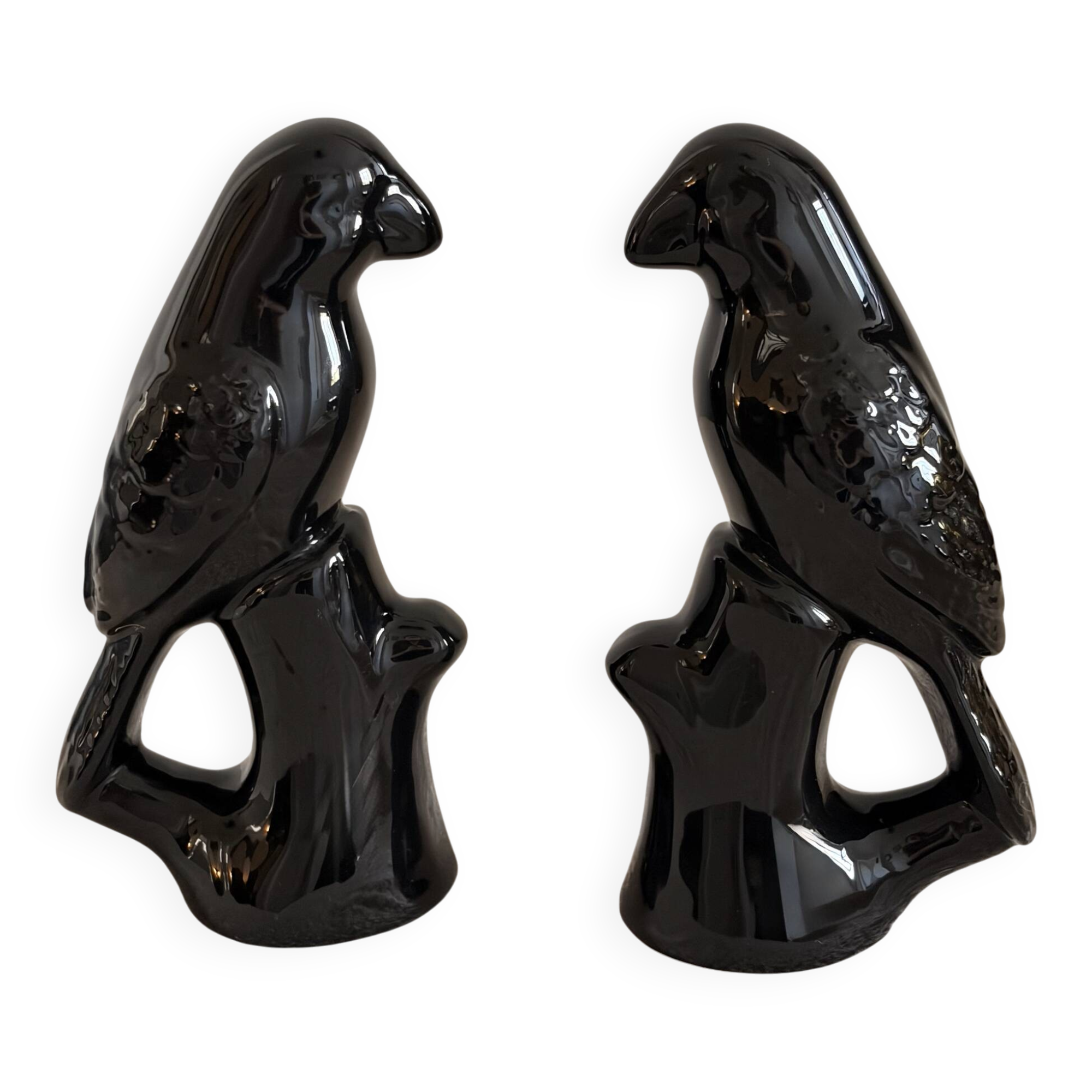 Pair of Mid-Century Gloss Black Ceramic Bird Figurines (Ravens/Crows)