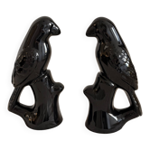 Paire de figurines d'oiseaux en céramique noire brillante du milieu du siècle (corbeaux)