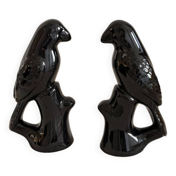 Pair of Mid-Century Gloss Black Ceramic Bird Figurines (Ravens/Crows)