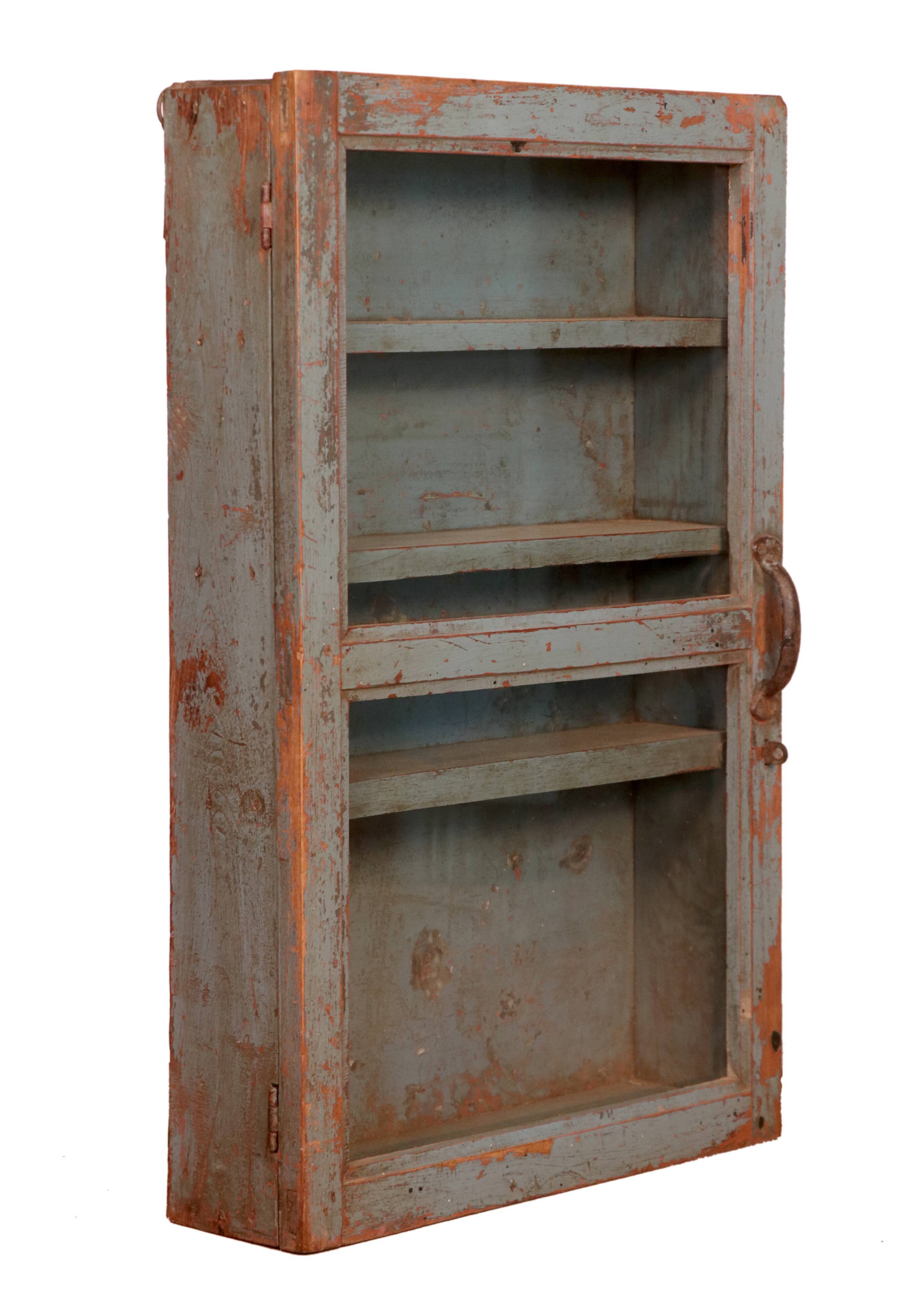 Old original grey-blue patina Burmese teak wall display case