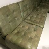 Patchwork modular sofa set in olive green patinated leather, 1970