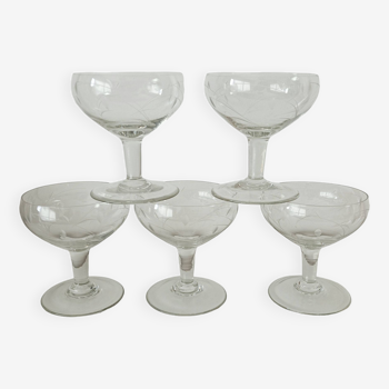 Lot de 5 coupes à champagne en verre gravé feuillage