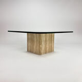 Table basse en verre faite à la main du milieu du siècle avec base en travertin, années 1960