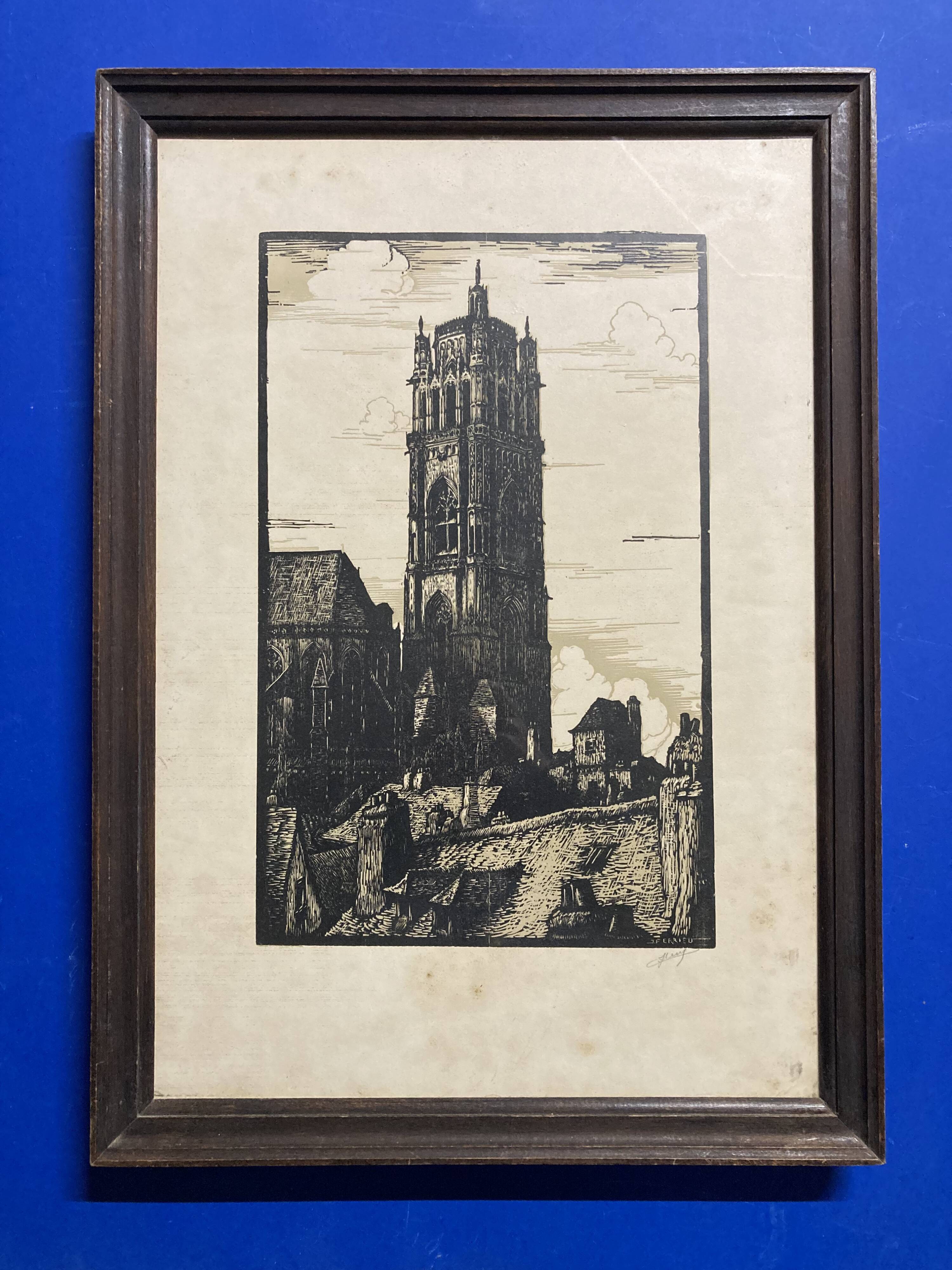 Old illustration of the Cathedral of Rodez, framed.