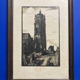 Old illustration of the Cathedral of Rodez, framed.