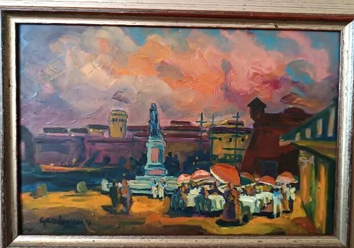Oil on faesite, square with figures, gerolamo bolli (pisa 1933-2009)