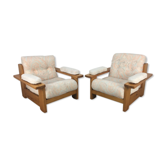 Pair of brutalist armchairs solid pine 60s-70s