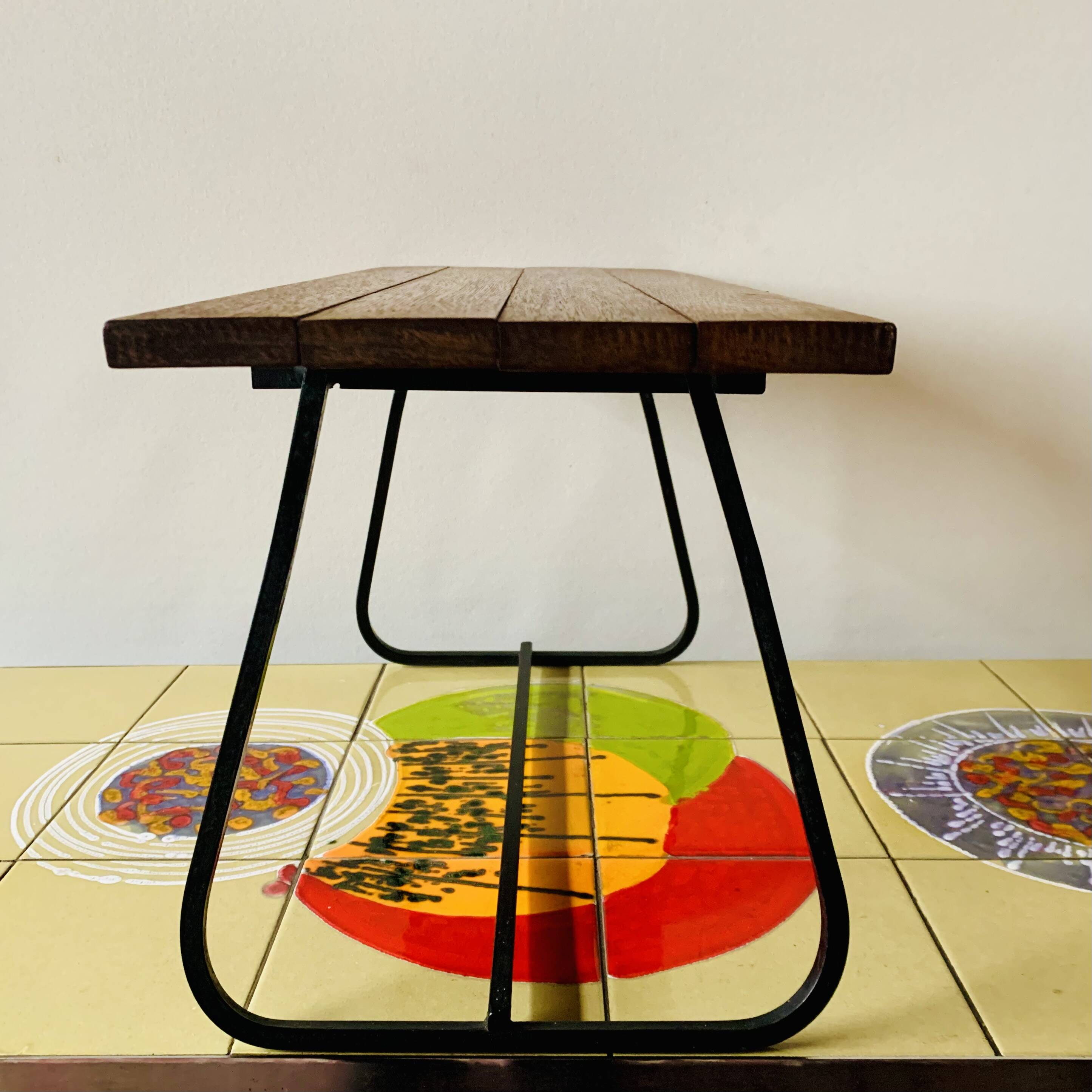 Vintage side table in wood and wrought iron
