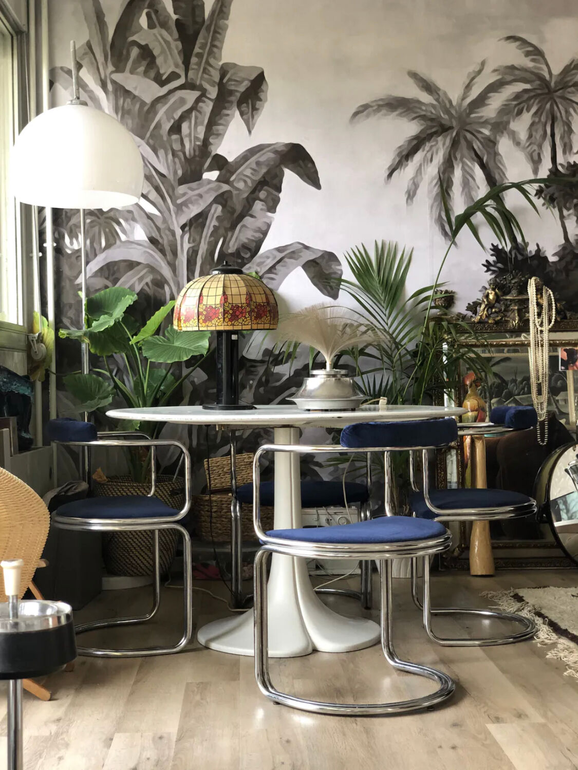 Set of four vintage chrome and velvet chairs