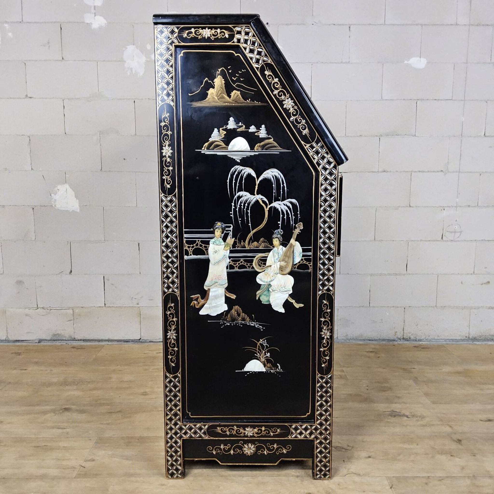 Vintage Chinese lacquer secretary desk with mother-of-pearl