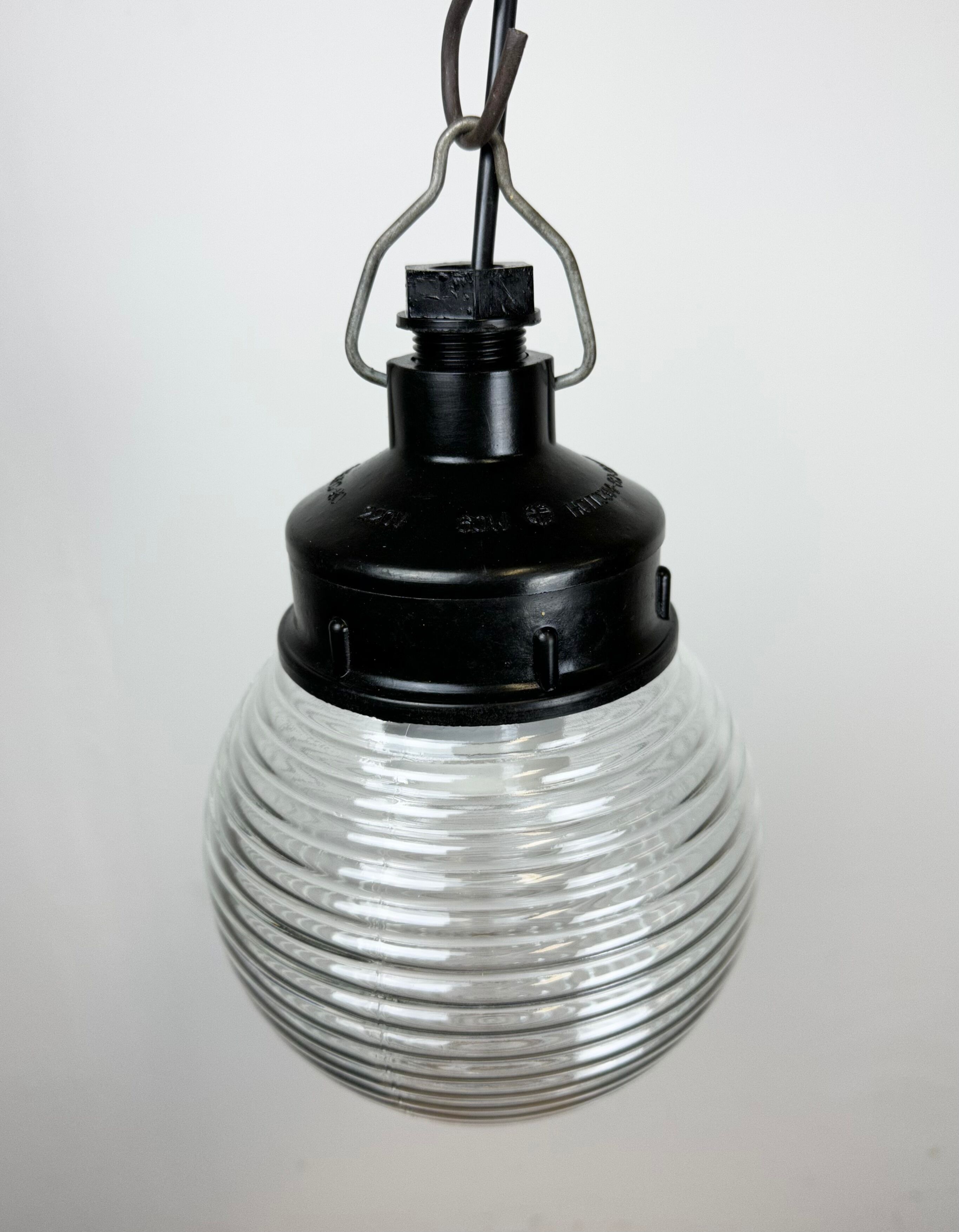 Industrial bakelite pendant light with ribbed glass, 1970s