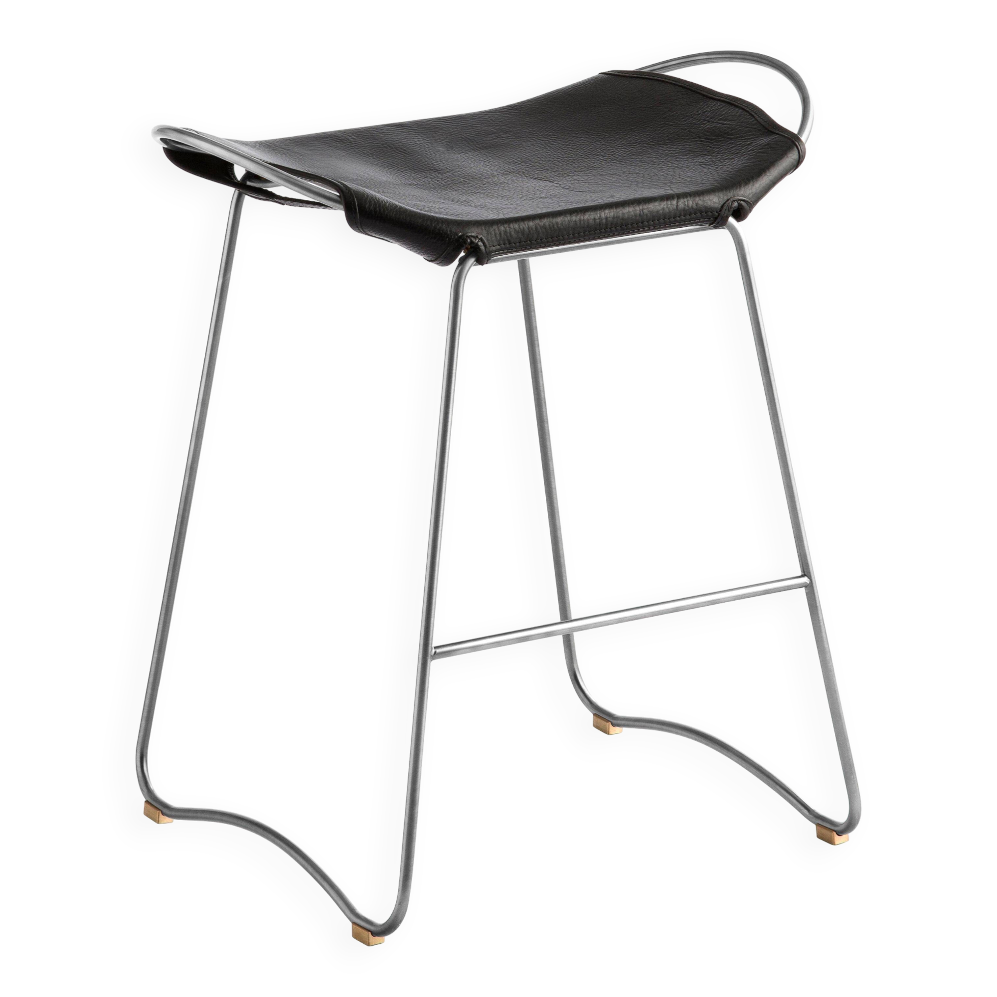 Tabouret de bar sculptural organique contemporain en argent vieux et cuir noir