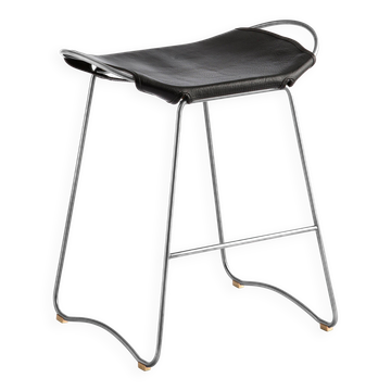 Contemporary organic sculptural bar stool in aged silver and black leather.