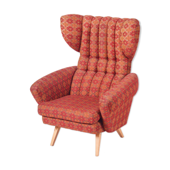 Red Midcentury Wingback Armchair, Original Condition, made in 1950s Czechia.