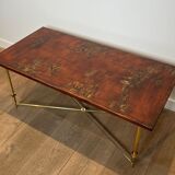 Neoclassical style brass coffee table with lacquered top depicting chinoiserie scenes, attributed to Maison Jansen