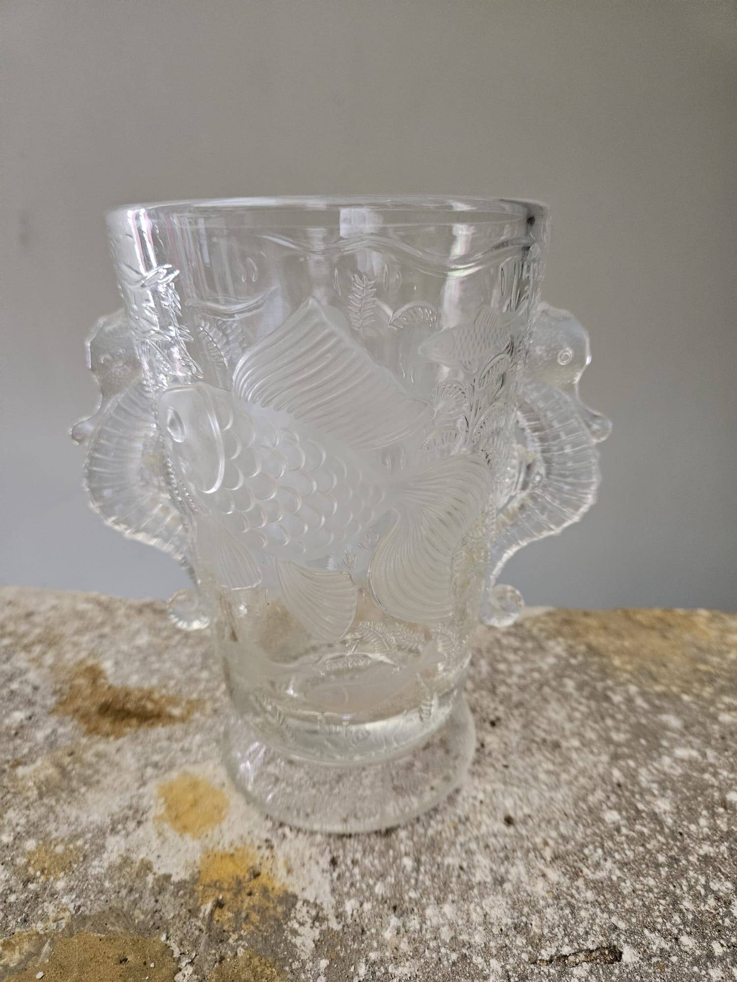 Art deco crystal vase with fish and seahorse motifs