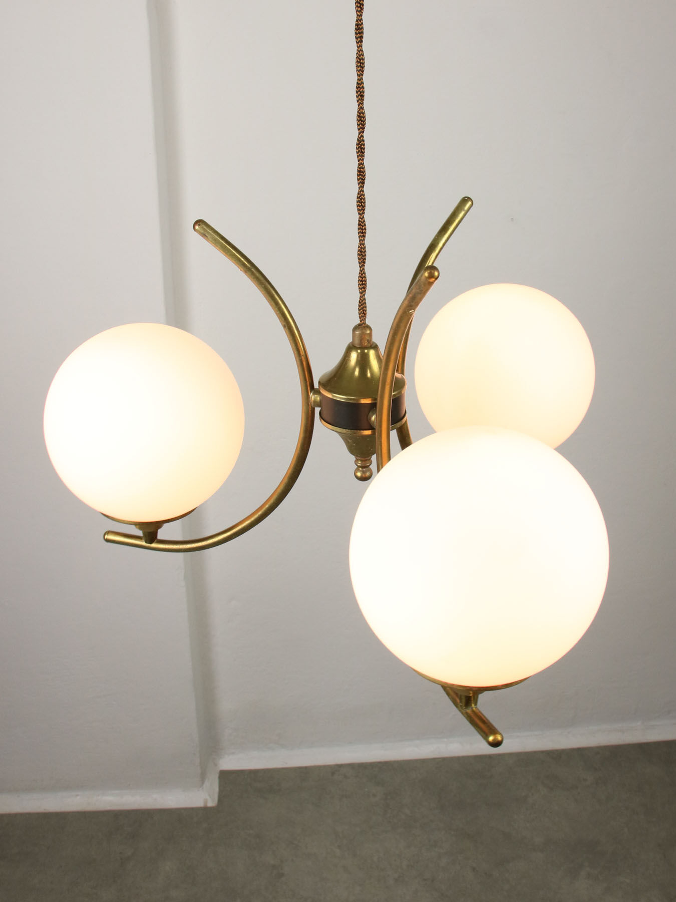 Mid century italian brass and opaline chandelier