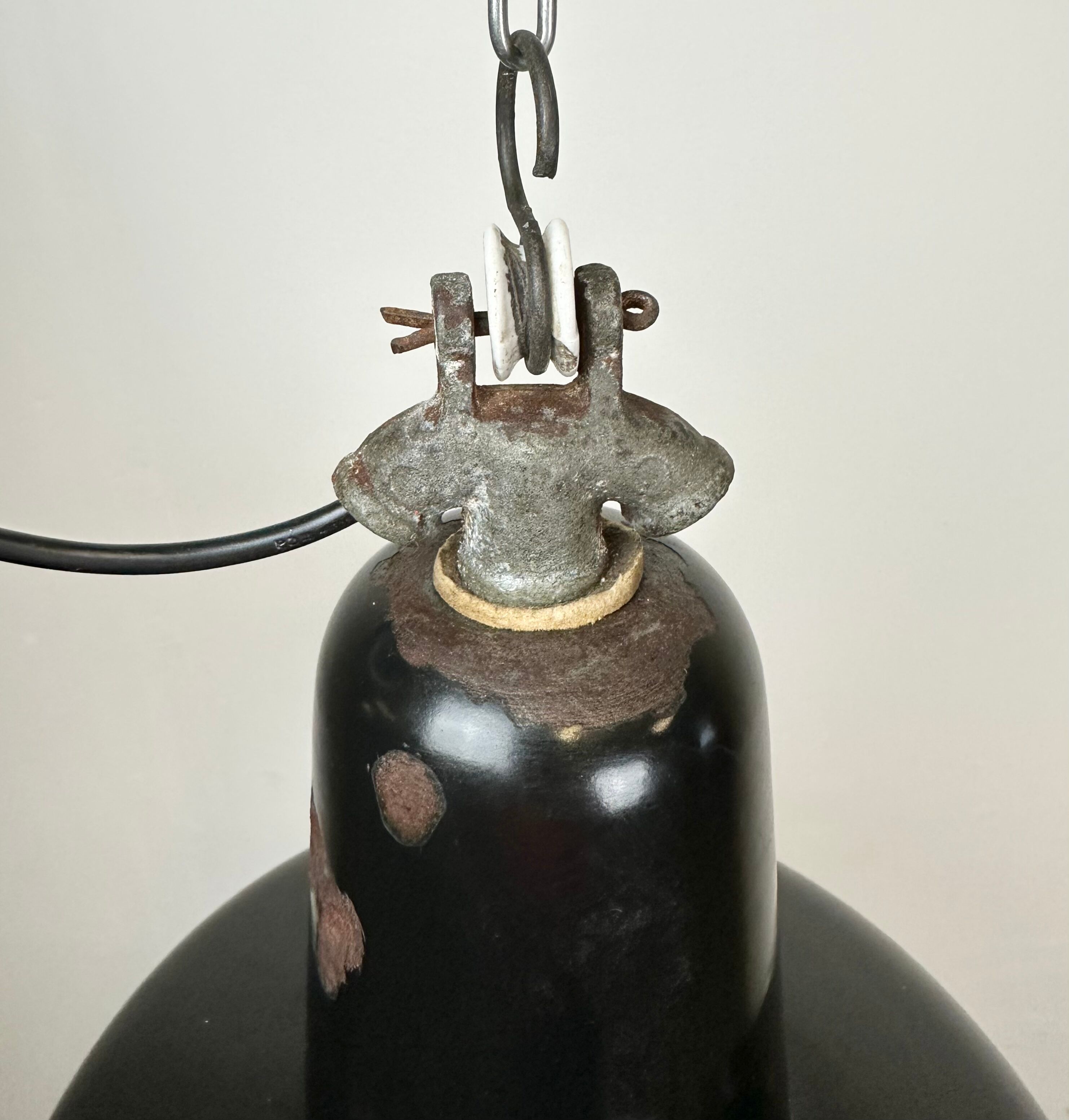 Industrial Black Enamel Factory Lamp with Cast Iron Top, 1950s