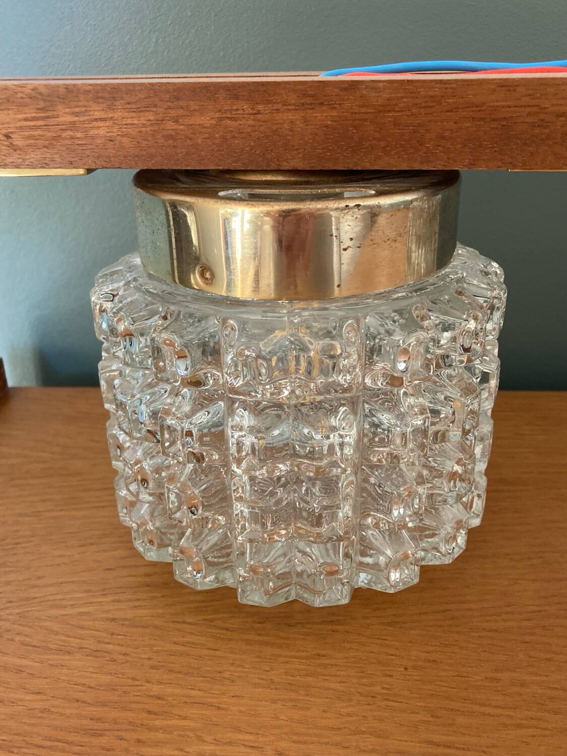 Vintage teak, brass and glass chandelier