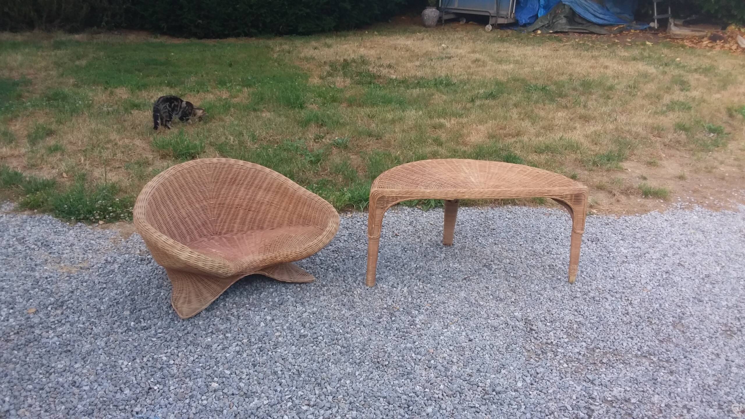 Rattan armchair and rattan coffee table from the 70s