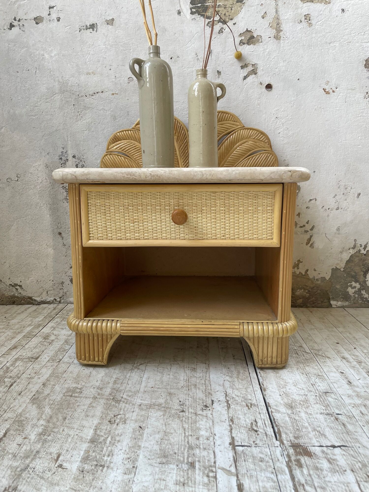 Pair of travertine bedside and rattan palm tree "vivai del sud"