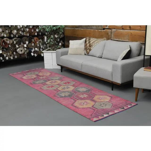 Vintage Turkish Hand-Knotted Wool Cotton Pink Runner Rug 94x329