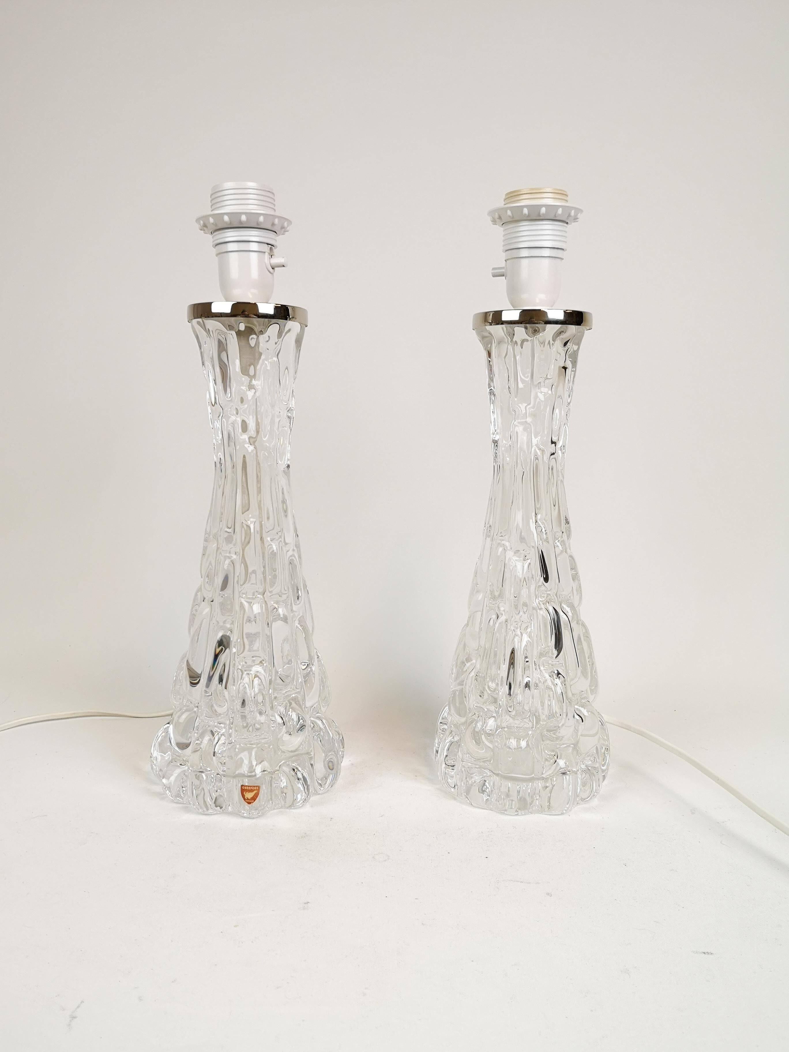 Mid-century Swedish crystal table lamps from Orrefors by Carl Fagerlund.