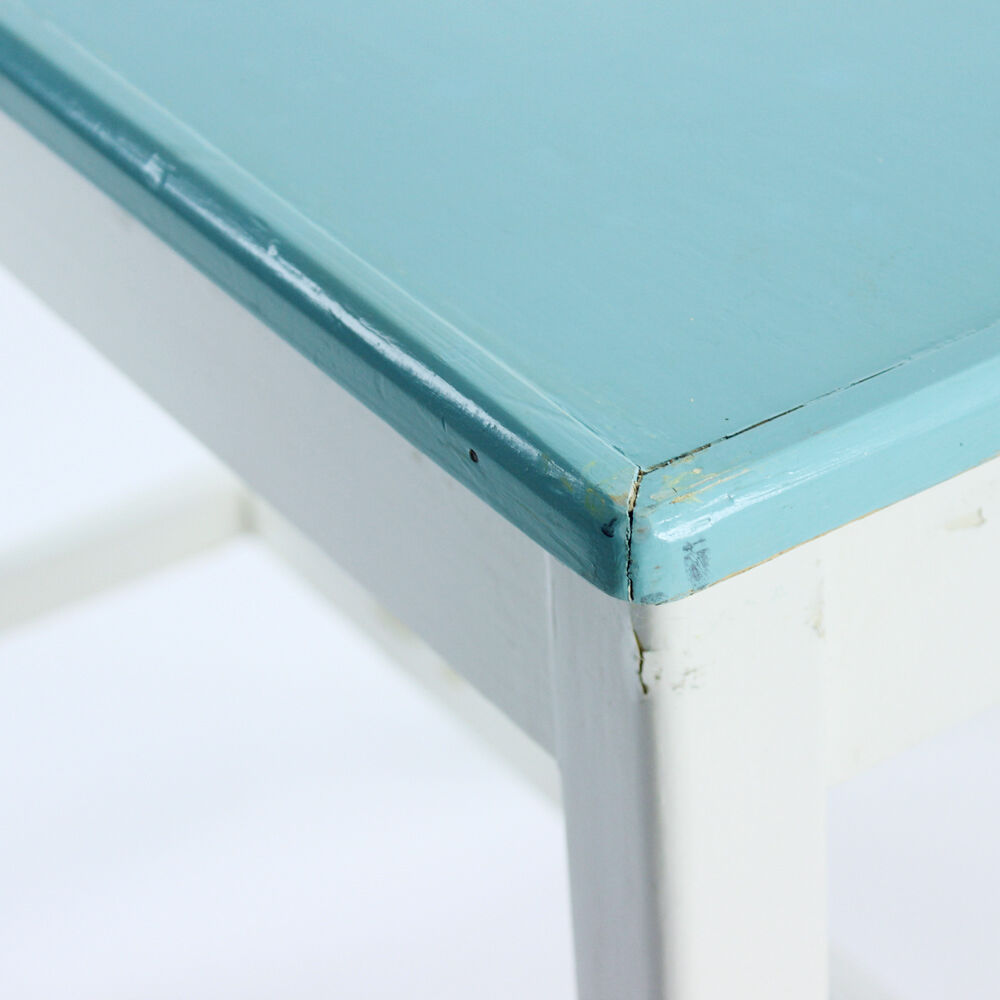 Table de ferme en bois blanc et turquoise tchécoslovaque, années 1950