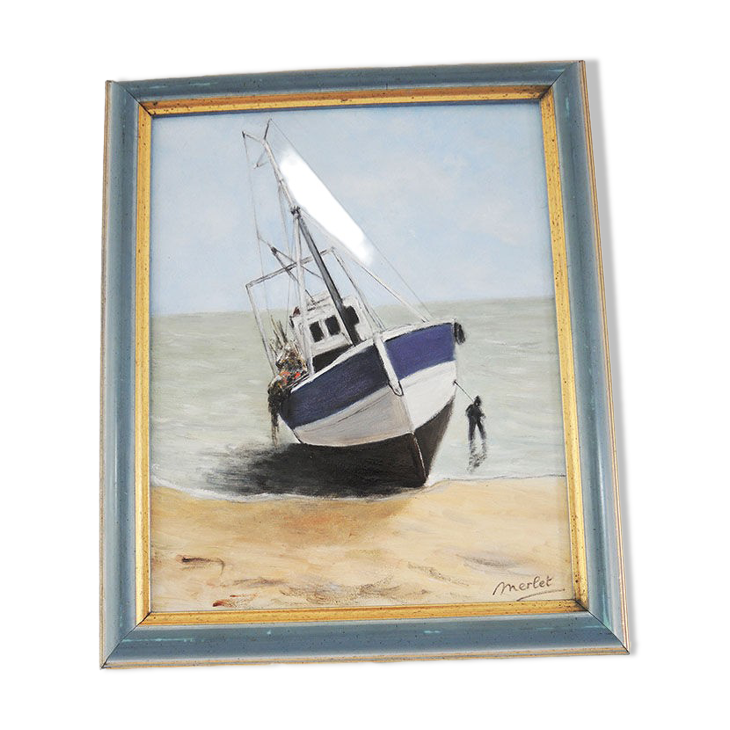 Oil on Wood Framed and Signed Henri Merlet : Blue Fishing Boat