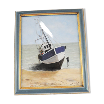 Huile sur bois encadrée et signée henri merlet : bateau de pêche bleu