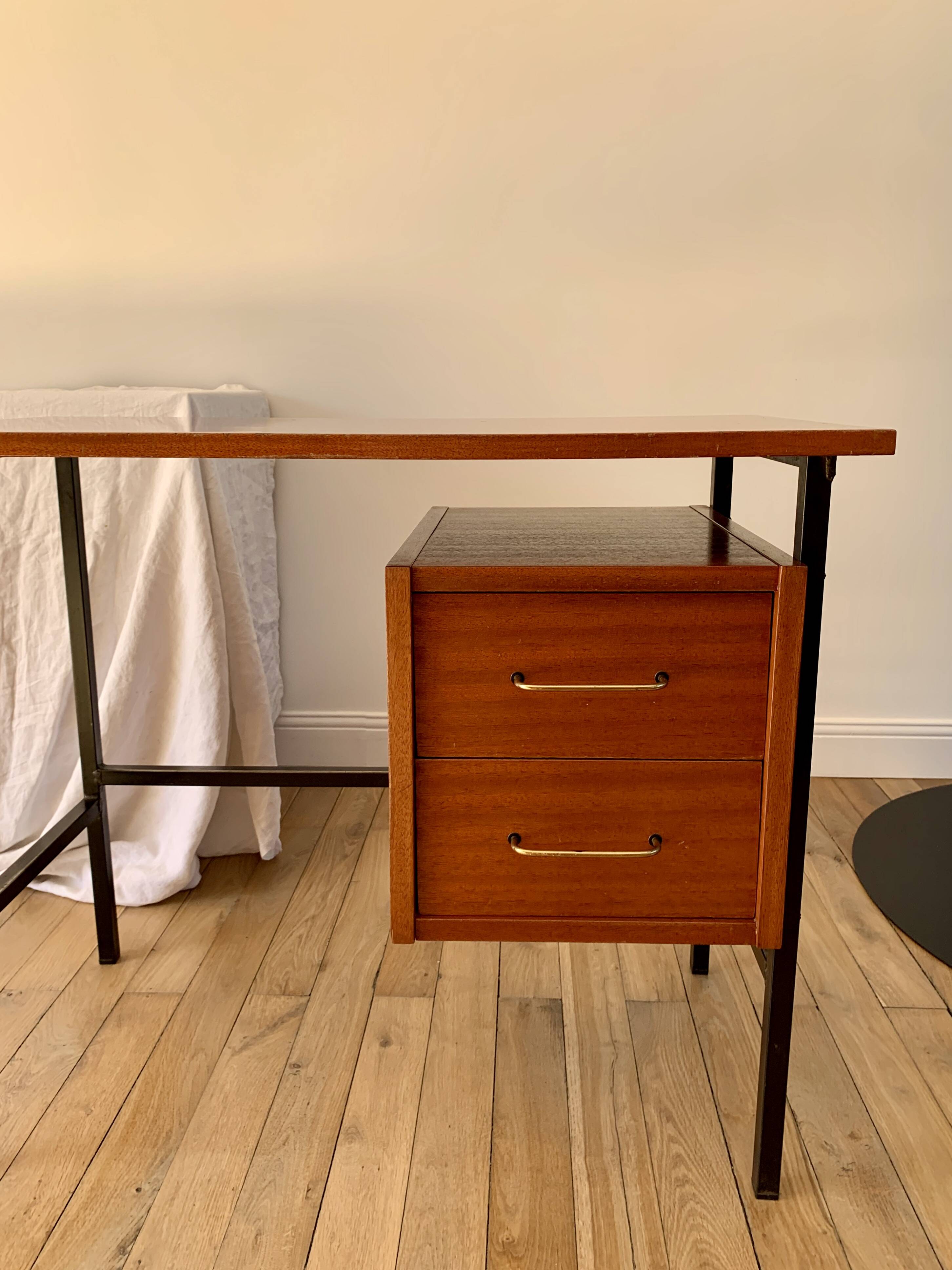lacquered wood desk and black steel legs design from the 60s and 70s