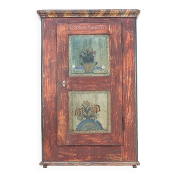 Antique Rustic Farmhouse Folk Art Painted Bridal Cabinet 1860