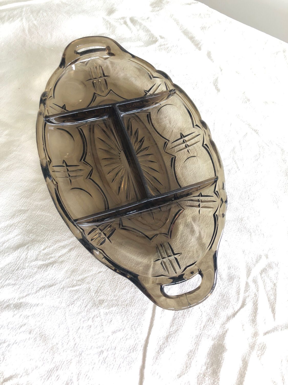 Vintage appetizer dish in brown smoked glass