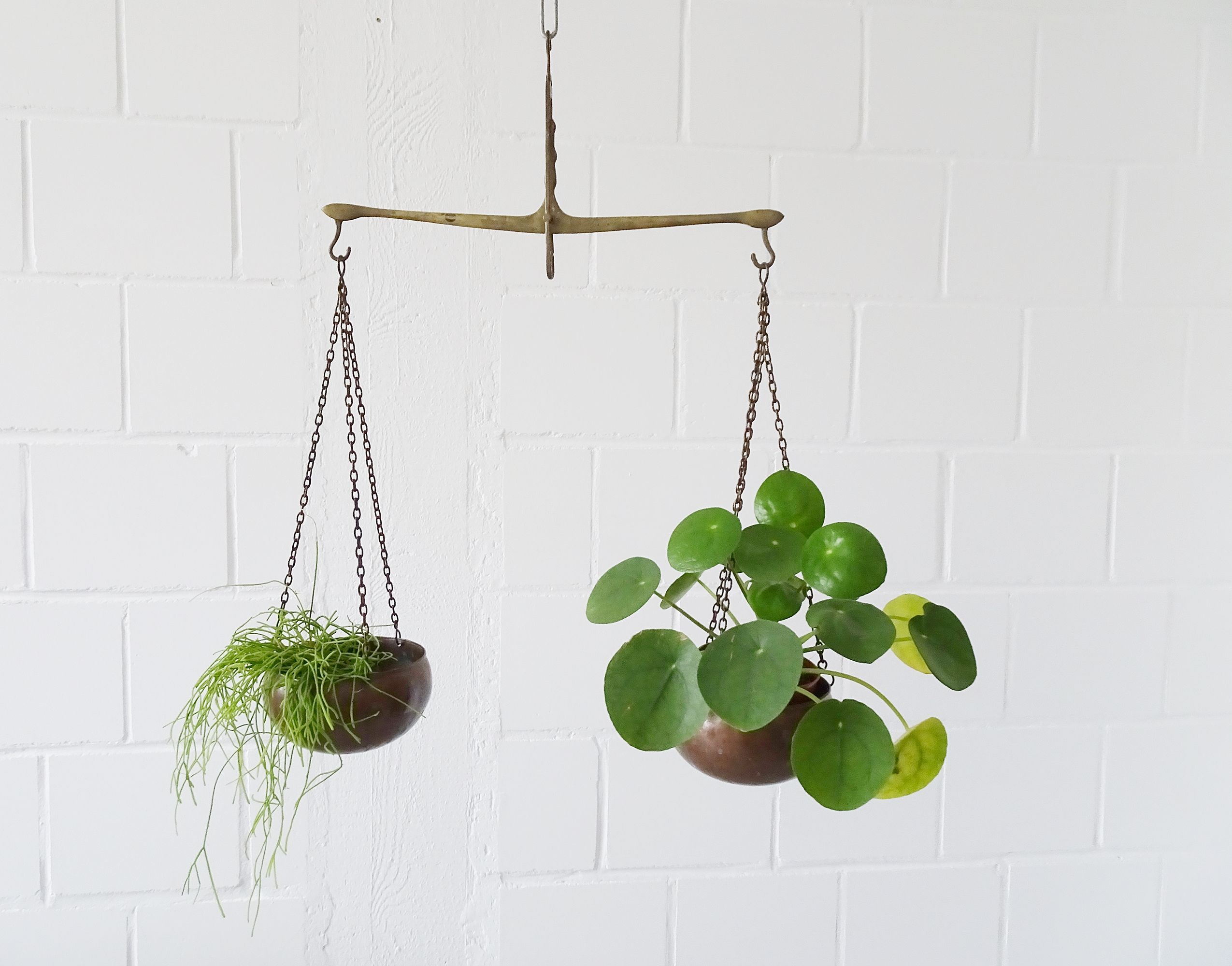 Hanging scales, antique brass and copper scales, hanging basket