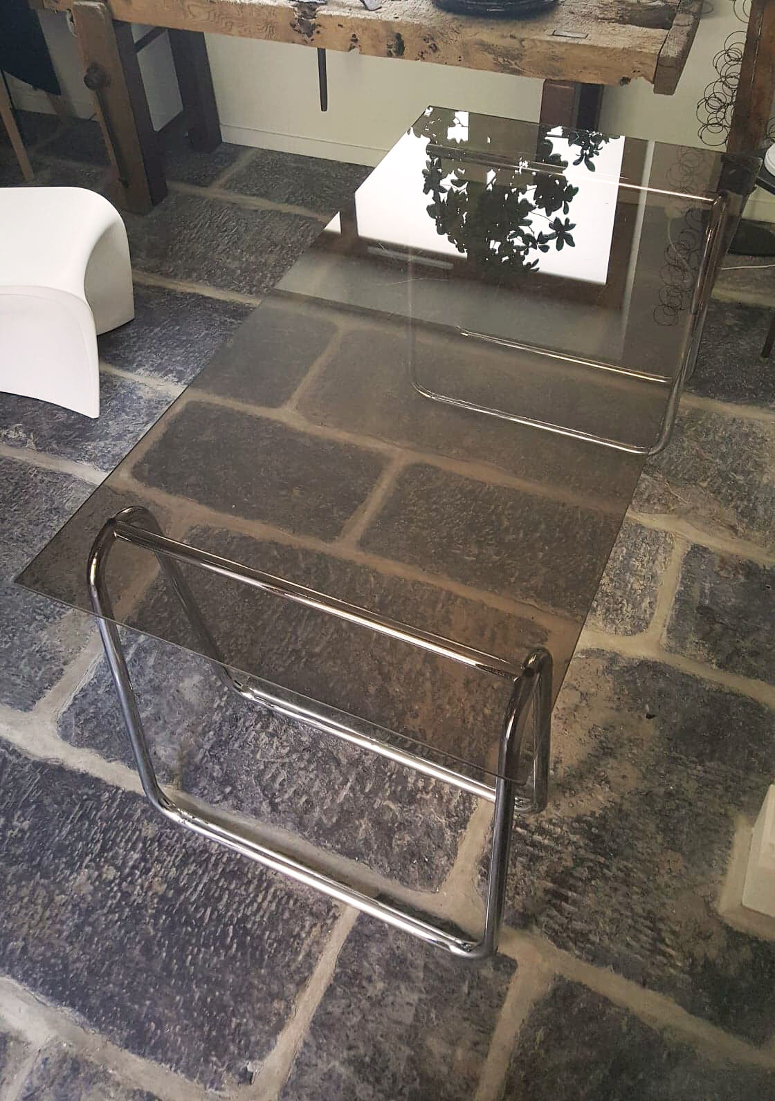 Bauhaus office smoky glass tray and chrome steel trestles