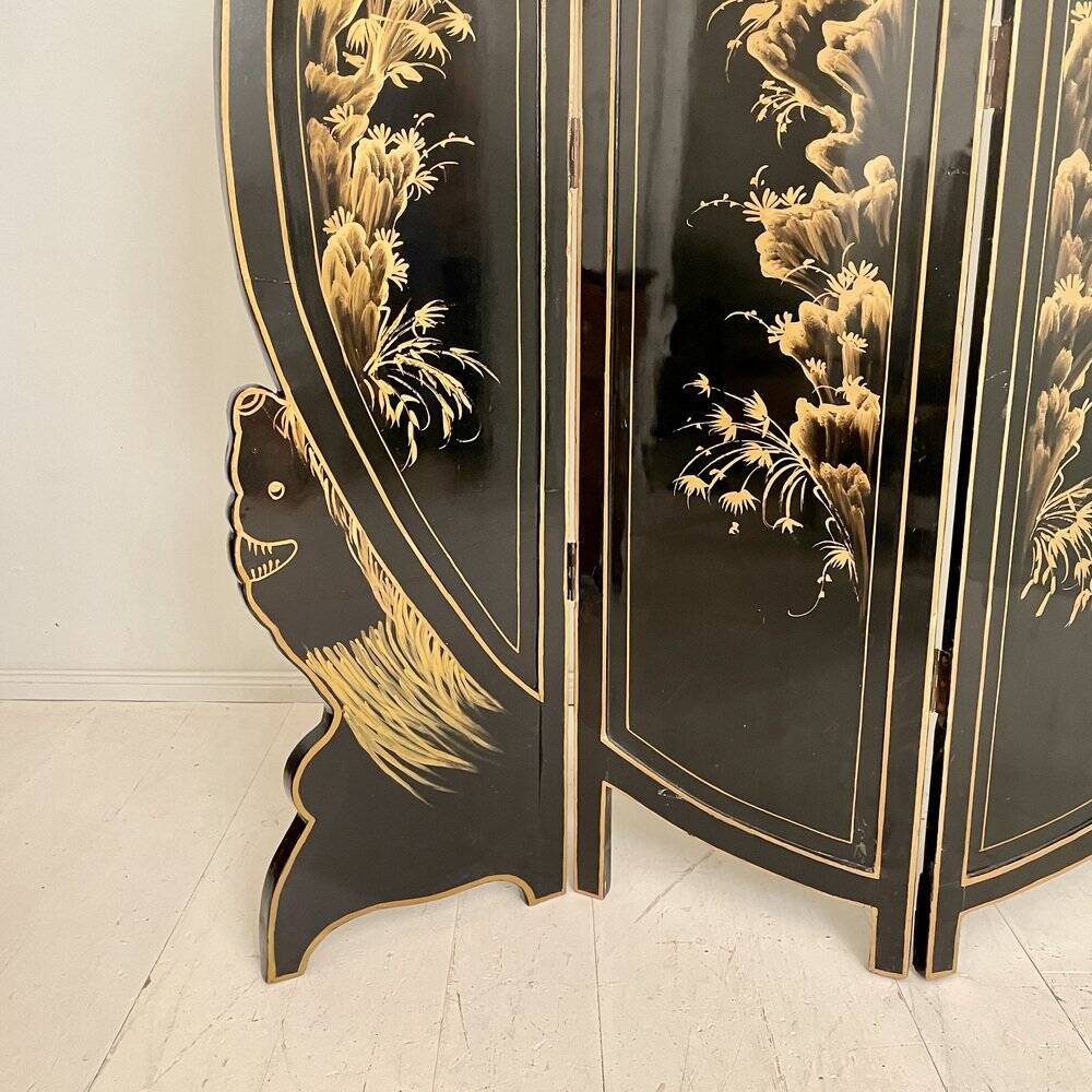 Chinoiserie and Black Lacquer Four-Panel Folding Screen Room Divider, 1930s