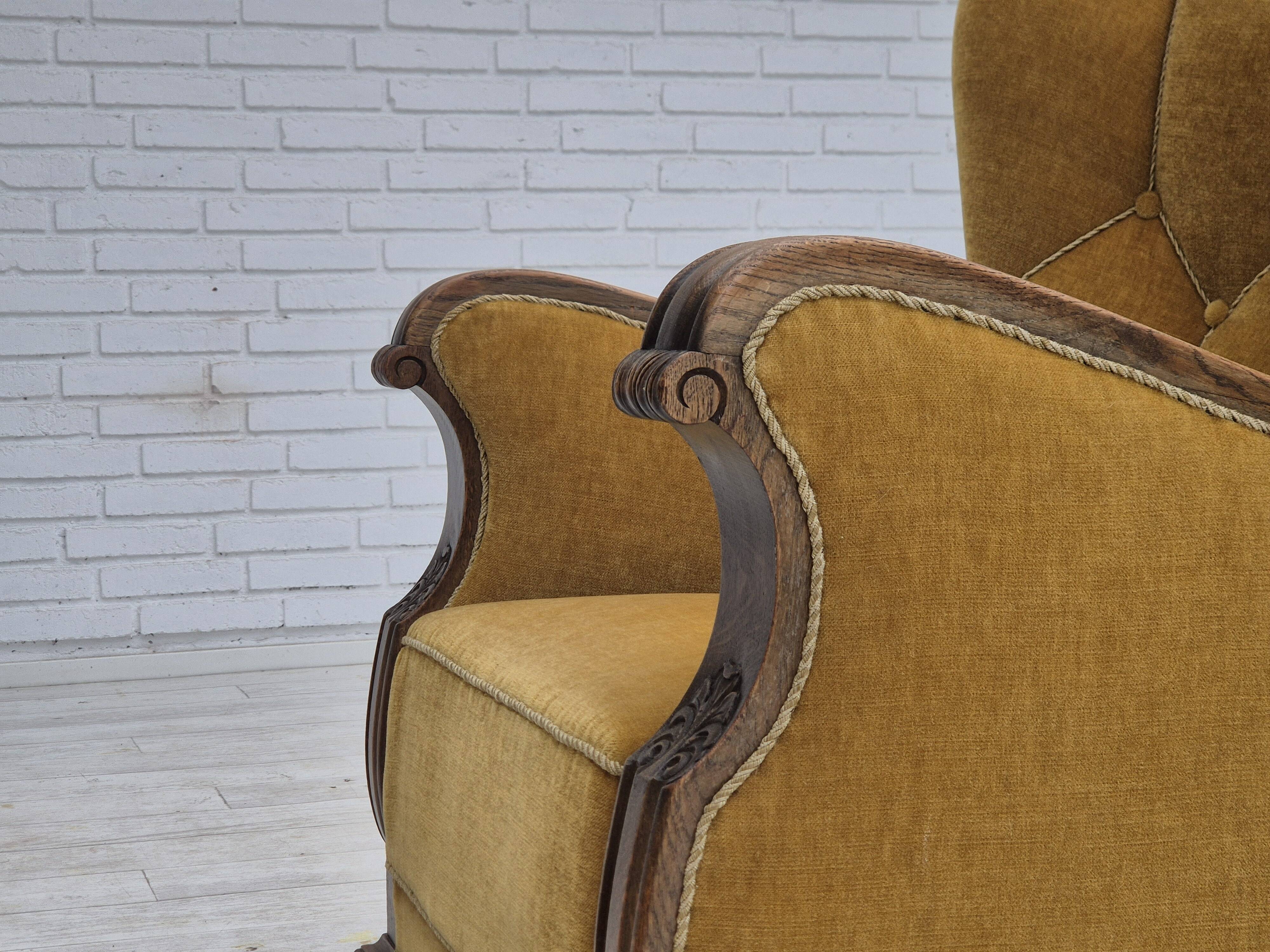 1960s, Danish relax armchair, yellow-honning furniture velour, oak wood.